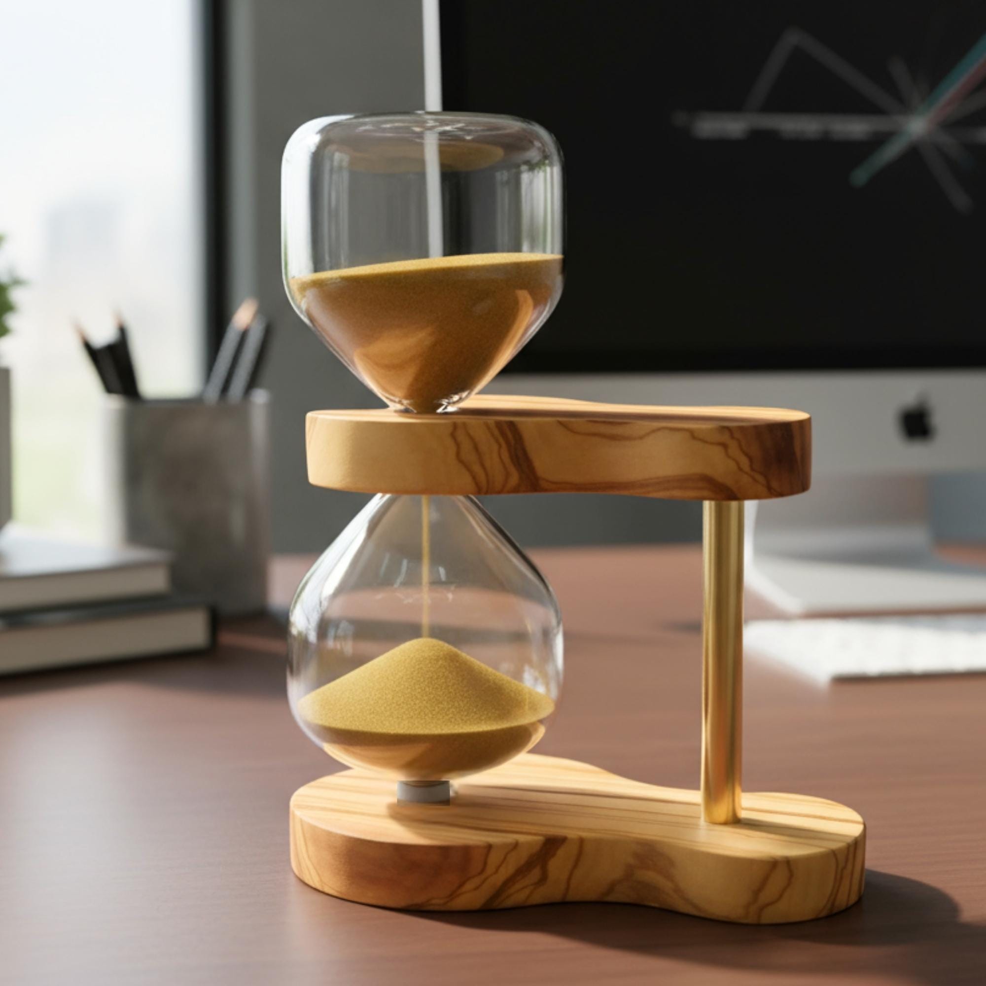 Minimalist Olive Wood Hourglass – Handmade Sand Timer, Natural Desk Decor & Meditation Gift