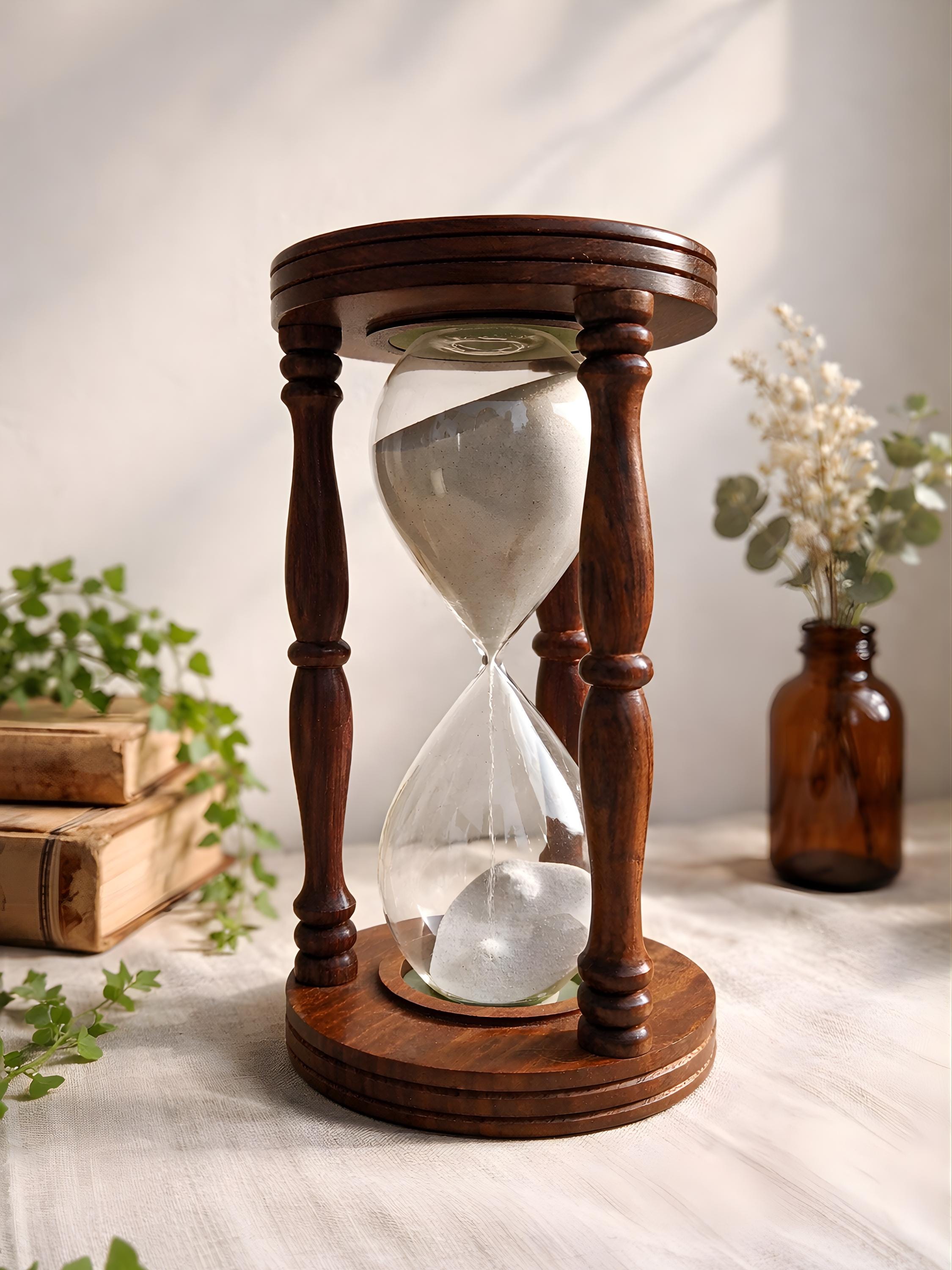 Handmade One Hour Engraved Wooden Hourglass | Solid Wood Sand Timer For Desk & Meditation
