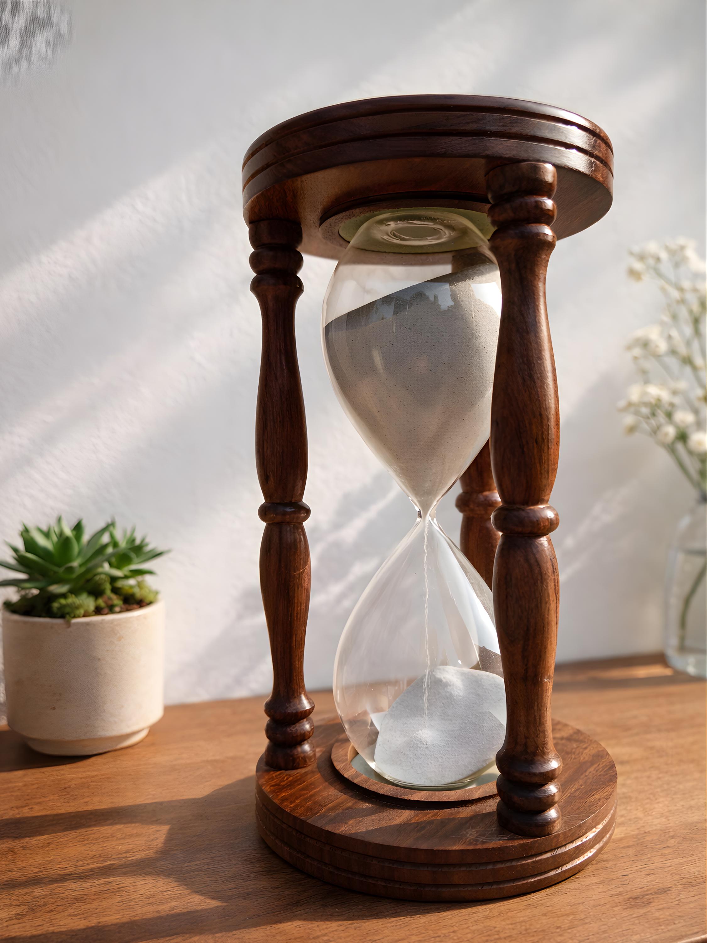 Handmade One Hour Engraved Wooden Hourglass | Solid Wood Sand Timer For Desk & Meditation