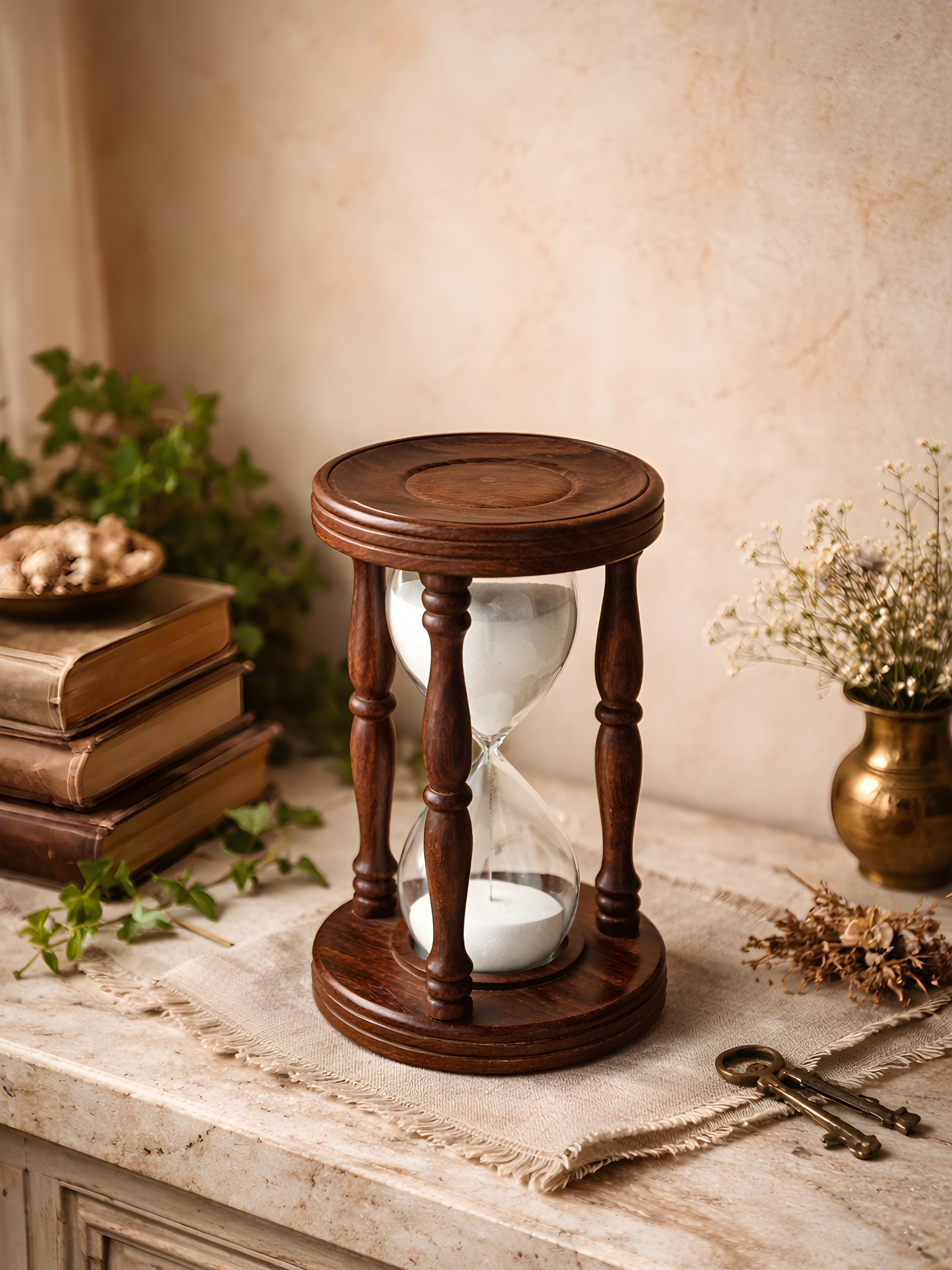 Handmade One Hour Engraved Wooden Hourglass | Solid Wood Sand Timer For Desk & Meditation