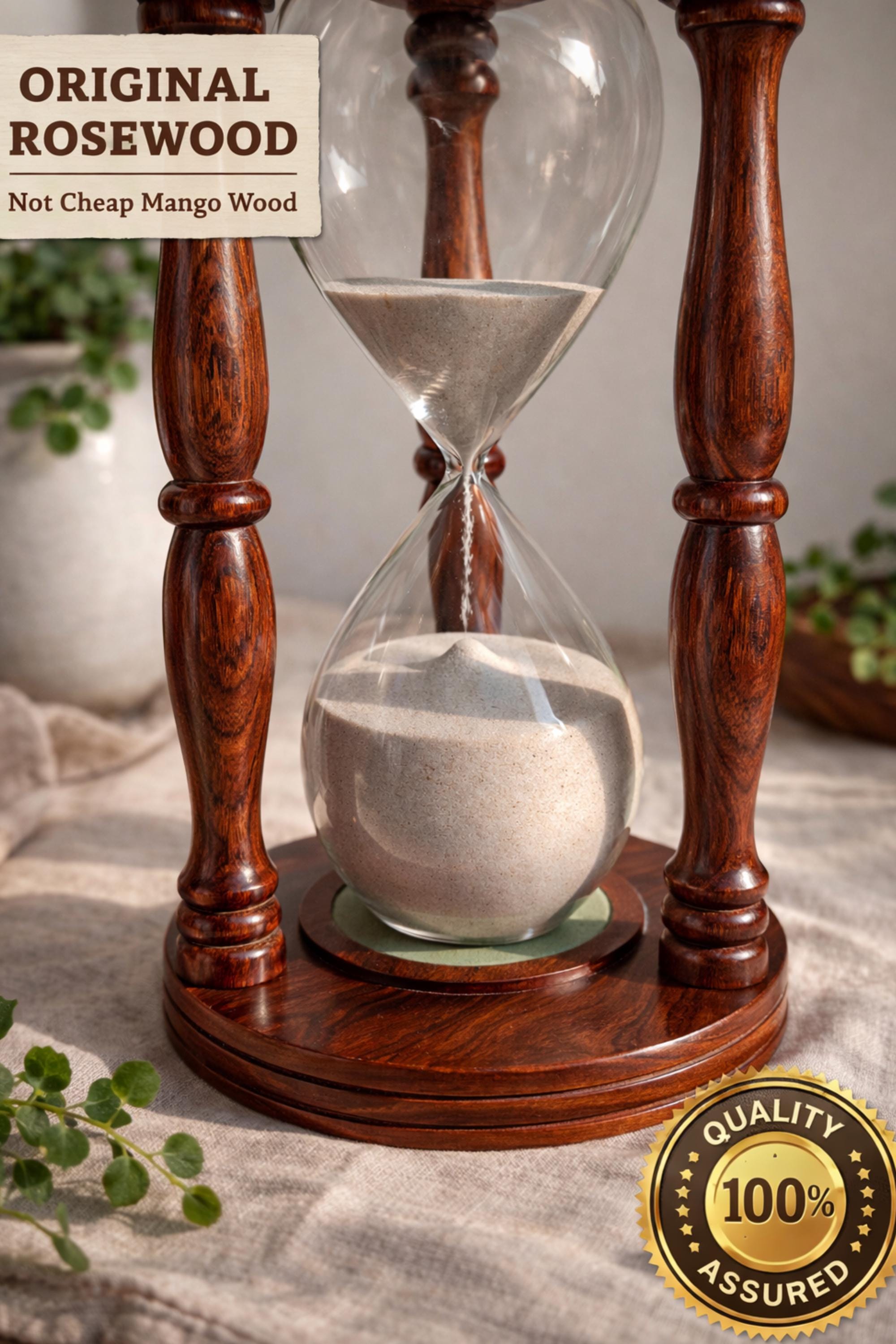 Handmade One Hour Engraved Wooden Hourglass | Solid Wood Sand Timer For Desk & Meditation