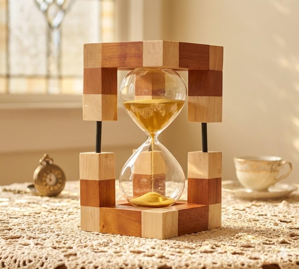 Handmade Modern Wood Block Hourglass With Black Sand, Geometric Checkered Wooden Sand Timer For Office Desk Decor
