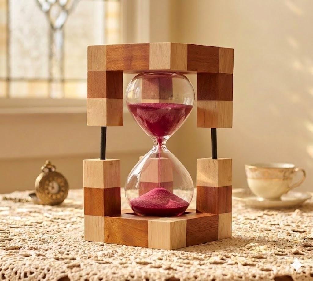 Handmade Modern Wood Block Hourglass With Black Sand, Geometric Checkered Wooden Sand Timer For Office Desk Decor