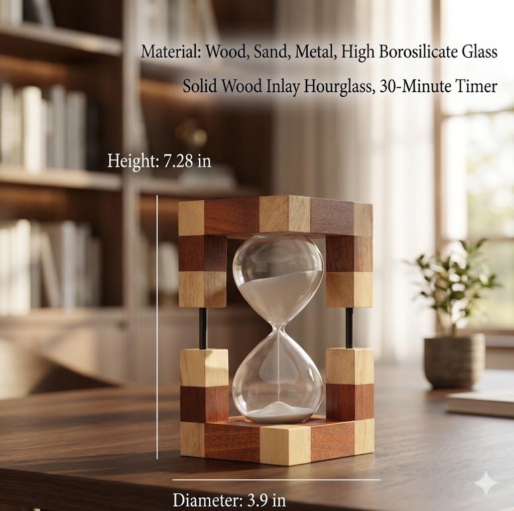Handmade Modern Wood Block Hourglass With Black Sand, Geometric Checkered Wooden Sand Timer For Office Desk Decor