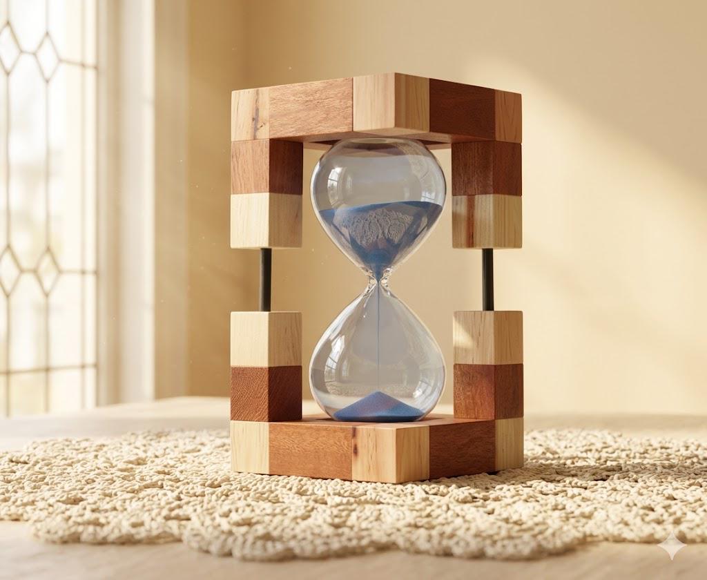 Handmade Modern Wood Block Hourglass With Black Sand, Geometric Checkered Wooden Sand Timer For Office Desk Decor