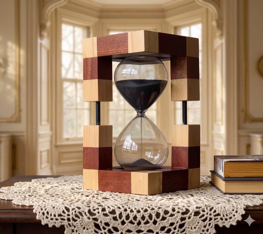 Handmade Modern Wood Block Hourglass With Black Sand, Geometric Checkered Wooden Sand Timer For Office Desk Decor